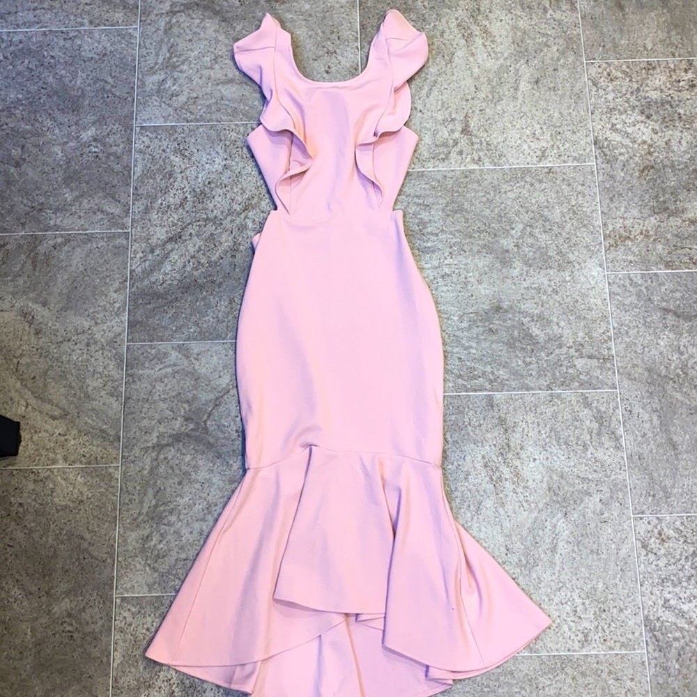 Saints + Secrets blush wide ruffle hem midi blush dress